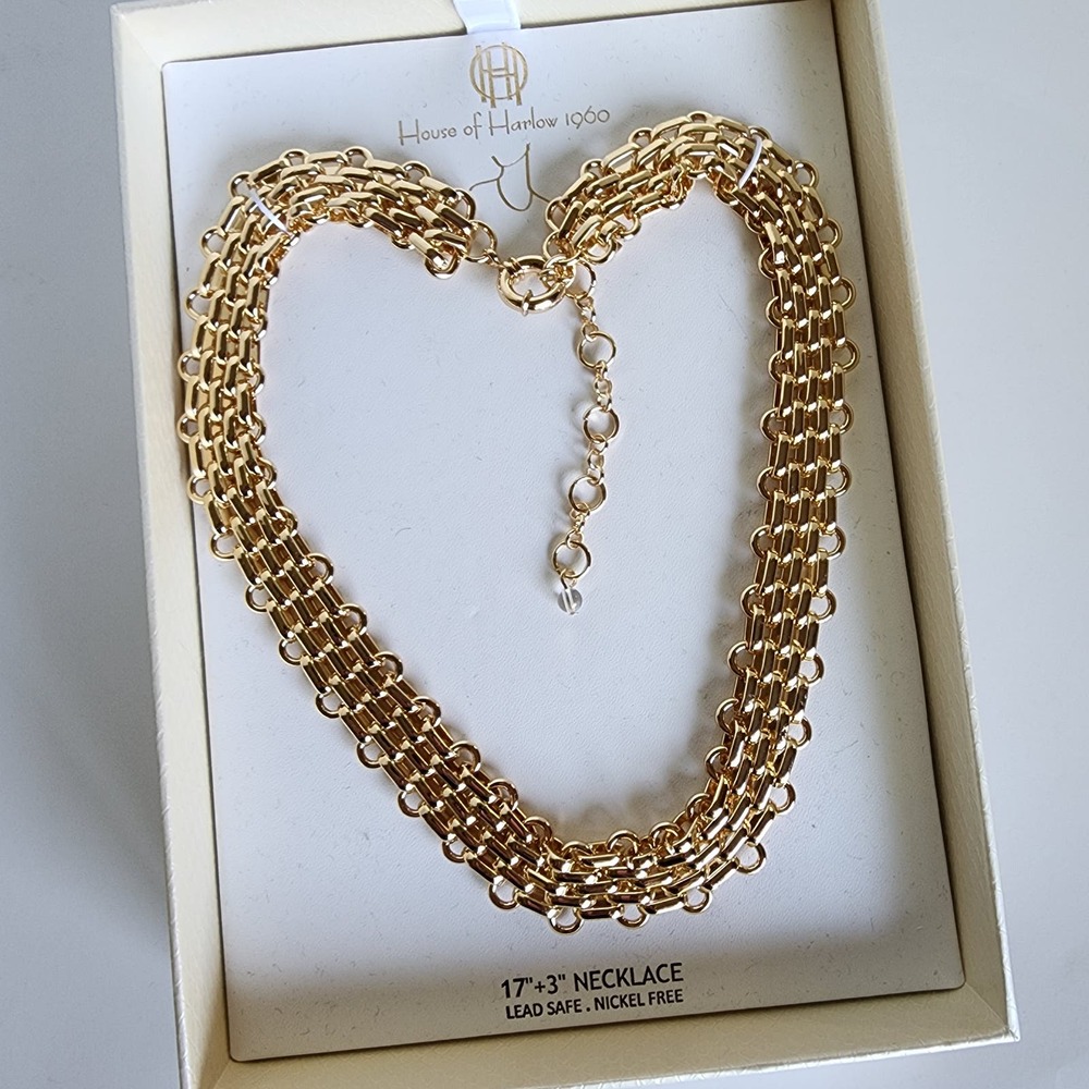 House of Harlow 1960 Classic Chunky Woven Necklace Gold Flat Chain 17"